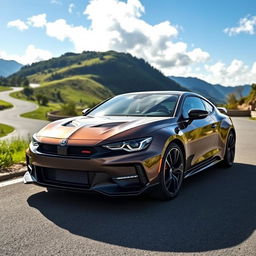 A sleek and stylish CUPRA Formentor parked on a scenic winding road with lush greenery and mountains in the background