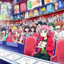 An engaging and colorful scene featuring a variety of anime characters participating in a quiz competition