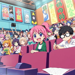 An engaging and colorful scene featuring a variety of anime characters participating in a quiz competition