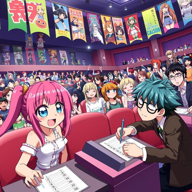 An engaging and colorful scene featuring a variety of anime characters participating in a quiz competition