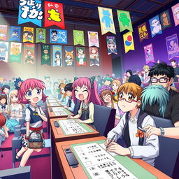 An engaging and colorful scene featuring a variety of anime characters participating in a quiz competition