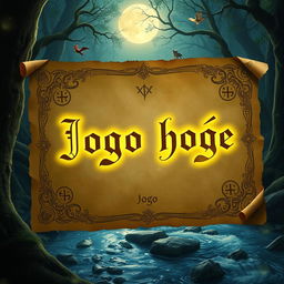 A mystical parchment with an ancient script, glowing letters spelling out "Jogo hoje"