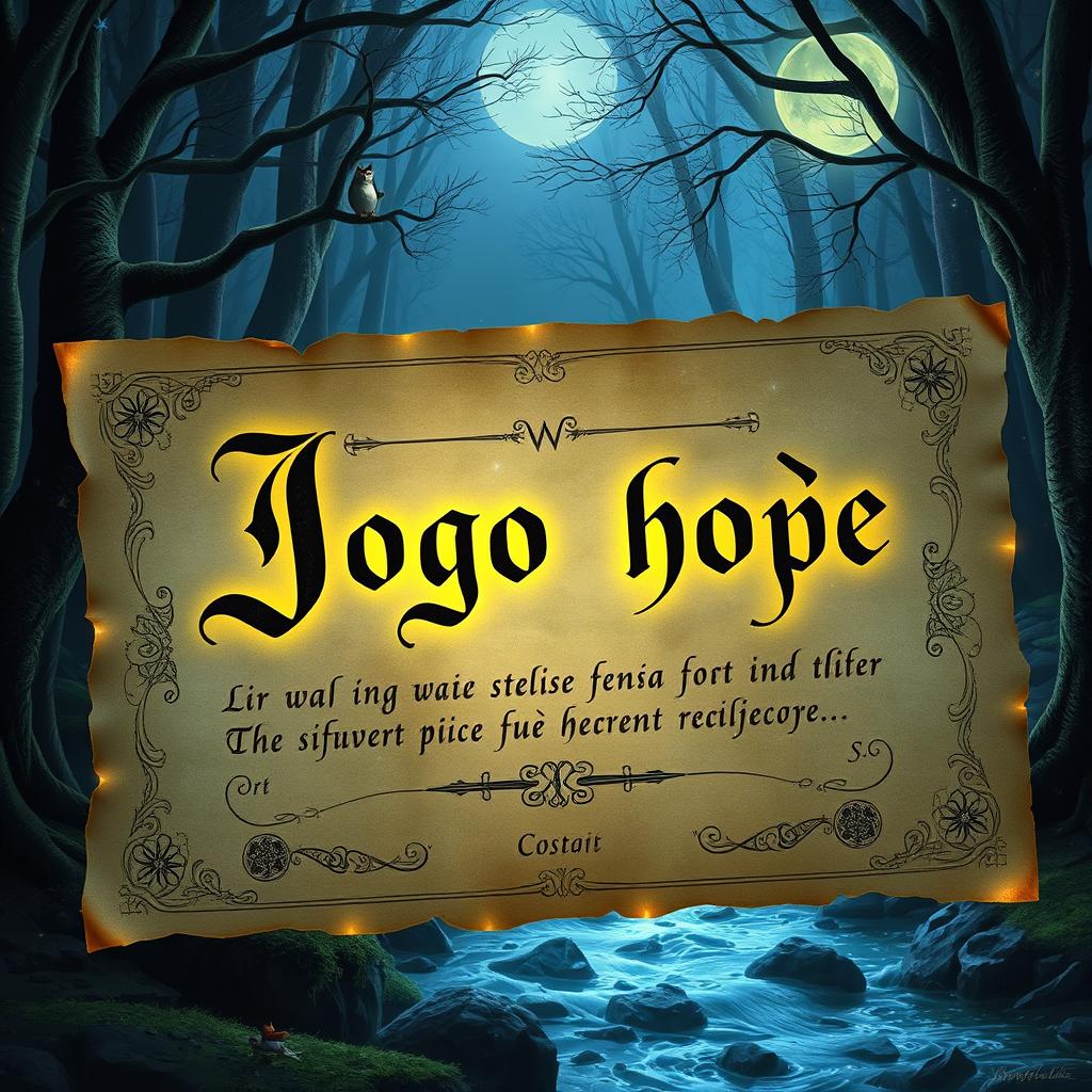 A mystical parchment with an ancient script, glowing letters spelling out "Jogo hoje"