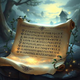 A beautifully illustrated magical scroll with ancient runes and intricate symbols, glowing softly with a mystical light