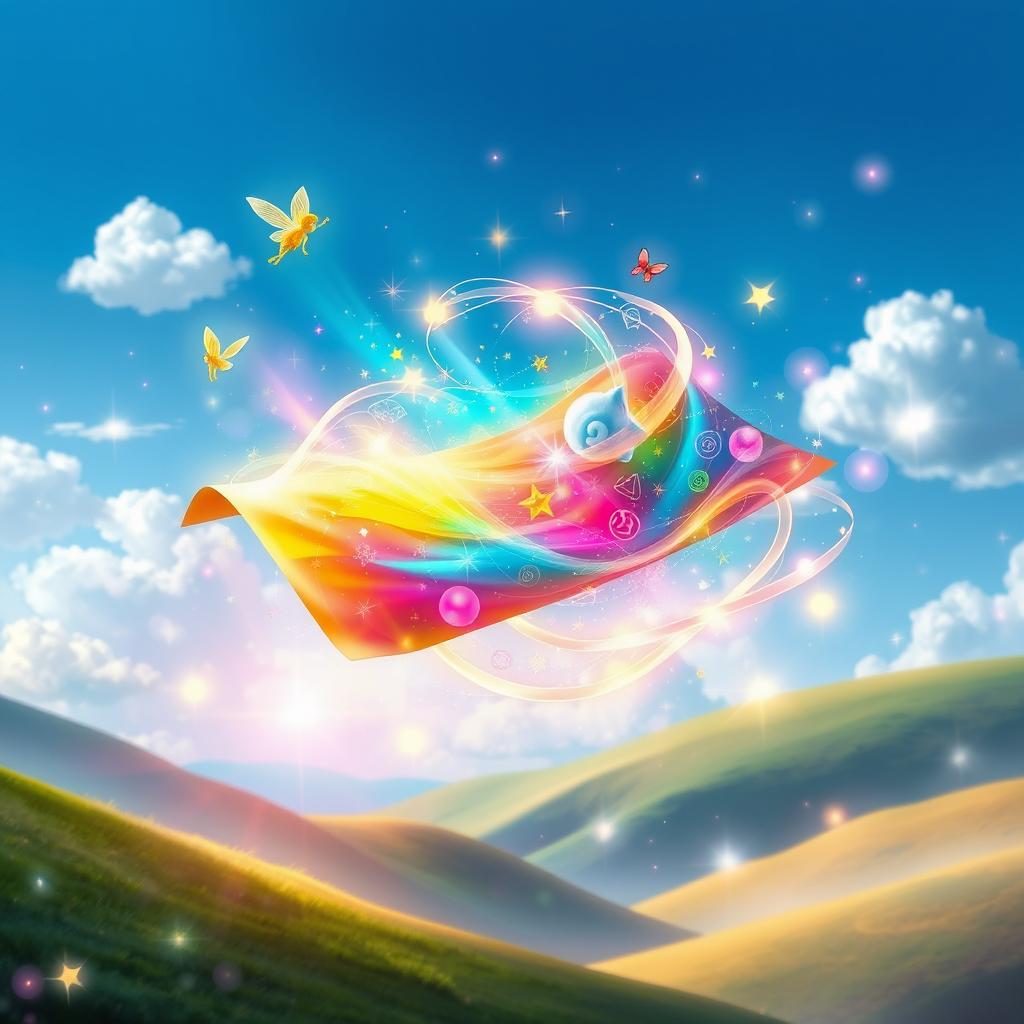 A vibrant and colorful mystical scene depicting a magical papel, swirling with enchanting symbols and radiant colors, floating above a whimsical landscape