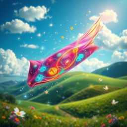 A vibrant and colorful mystical scene depicting a magical papel, swirling with enchanting symbols and radiant colors, floating above a whimsical landscape