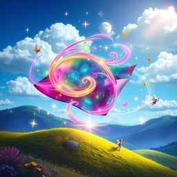 A vibrant and colorful mystical scene depicting a magical papel, swirling with enchanting symbols and radiant colors, floating above a whimsical landscape