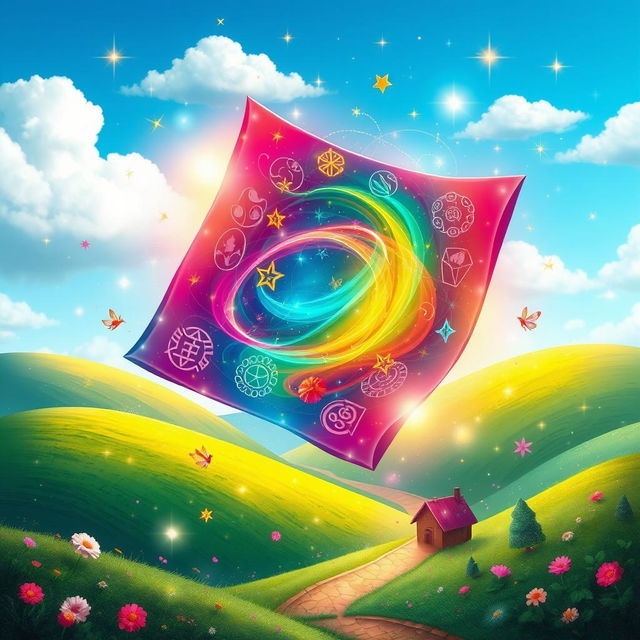 A vibrant and colorful mystical scene depicting a magical papel, swirling with enchanting symbols and radiant colors, floating above a whimsical landscape