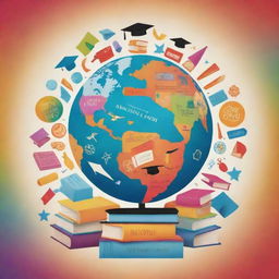 A harmonious blend of educational icons and symbols, featuring a globe, books, graduation caps, and inspirational quotes against a colorful backdrop, creatively arranged into a visually appealing poster on the theme of a conducive learning environment.