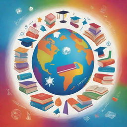 A harmonious blend of educational icons and symbols, featuring a globe, books, graduation caps, and inspirational quotes against a colorful backdrop, creatively arranged into a visually appealing poster on the theme of a conducive learning environment.