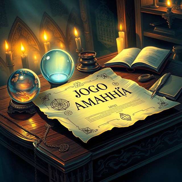 A beautifully detailed illustration of a magical parchment, glowing softly and inscribed with mystical symbols and the phrase 'JOGO AMANHÃ'