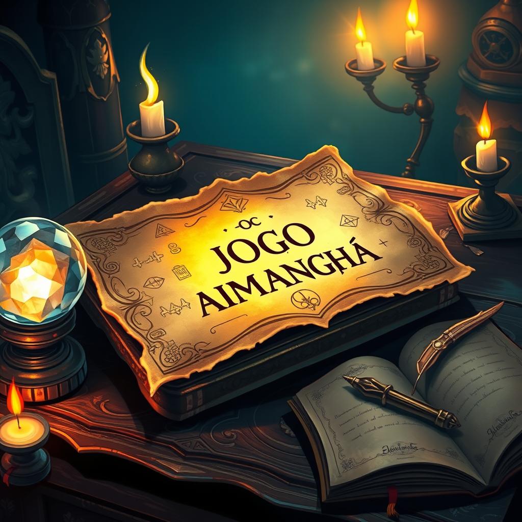 A beautifully detailed illustration of a magical parchment, glowing softly and inscribed with mystical symbols and the phrase 'JOGO AMANHÃ'