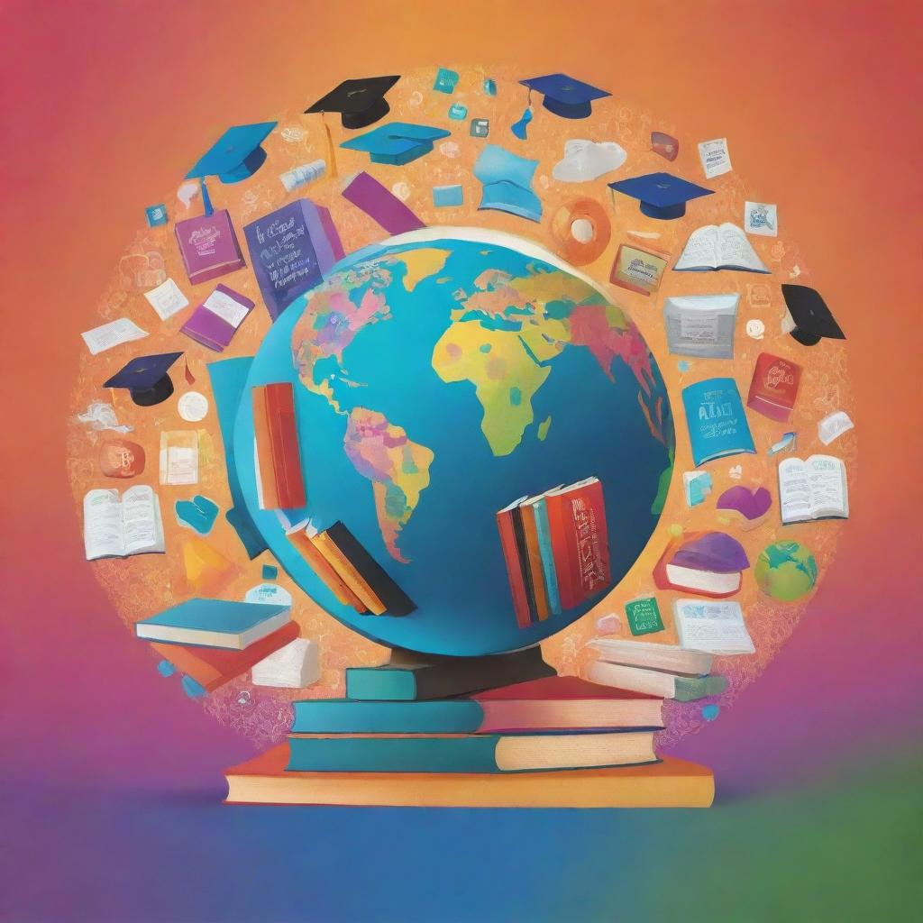 A harmonious blend of educational icons and symbols, featuring a globe, books, graduation caps, and inspirational quotes against a colorful backdrop, creatively arranged into a visually appealing poster on the theme of a conducive learning environment.