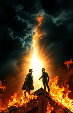 A dramatic scene depicting two men facing off on the edge of a building engulfed in flames