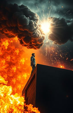 A dramatic scene depicting two men facing off on the edge of a building engulfed in flames