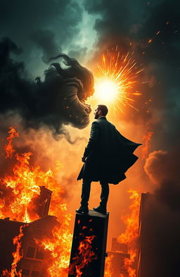 A dramatic scene depicting two men facing off on the edge of a building engulfed in flames