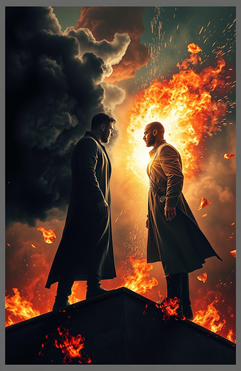 A dramatic scene depicting two men facing off on the edge of a building engulfed in flames