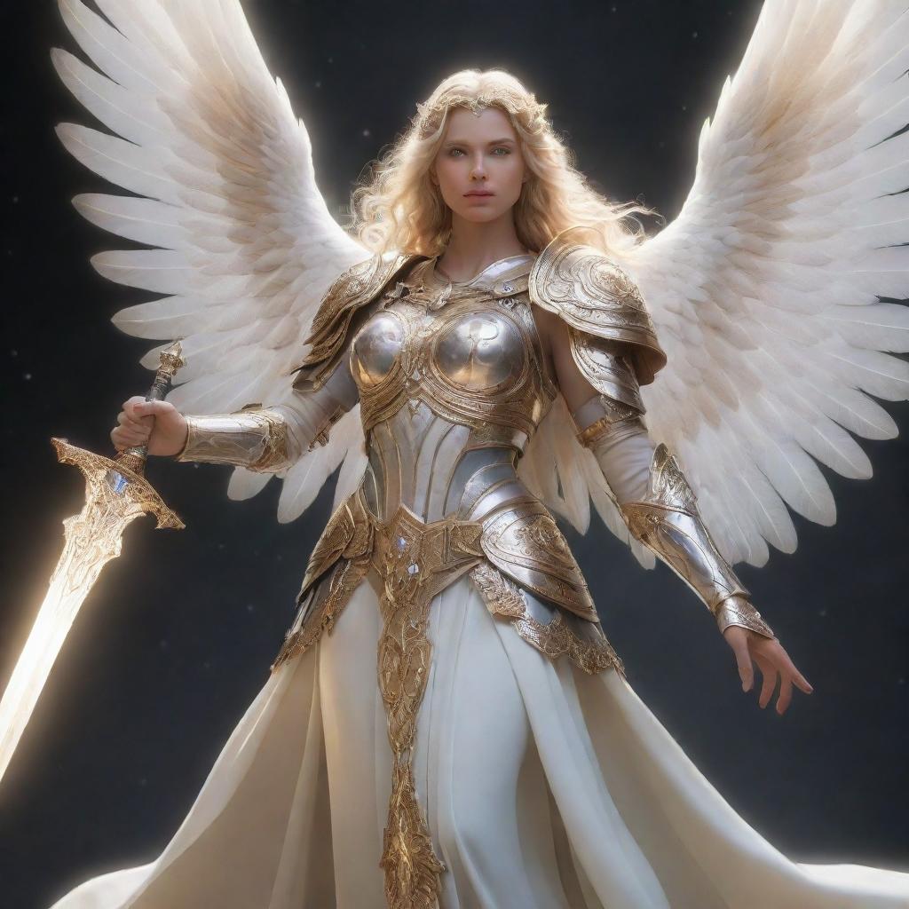 A celestial Aasimar character radiating gentle light, with angelic features, adorned in ethereal armor. Their eyes glowing with divine wisdom, they hold a radiant sword in their hand.