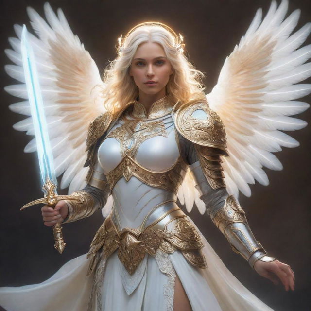 A celestial Aasimar character radiating gentle light, with angelic features, adorned in ethereal armor. Their eyes glowing with divine wisdom, they hold a radiant sword in their hand.