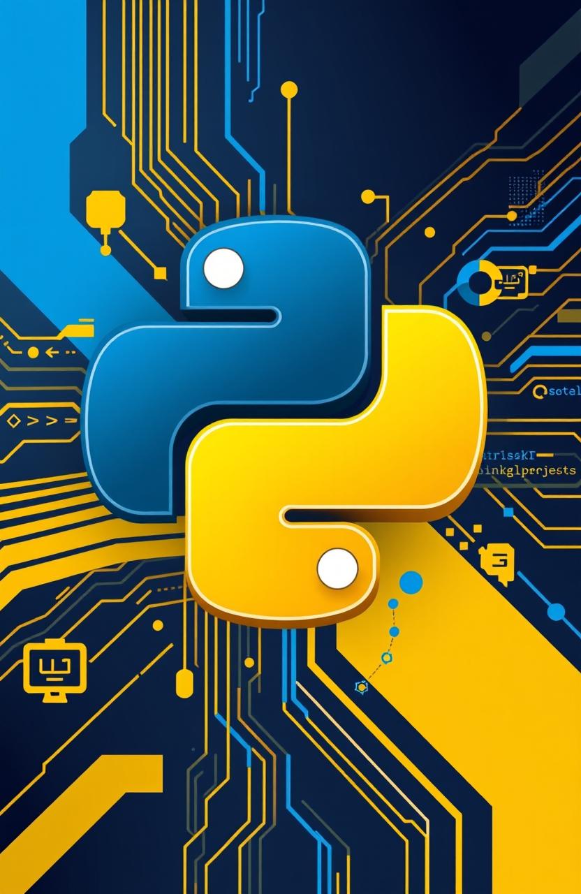 An artistic representation of the Python programming language, featuring the iconic Python logo intertwined with elements symbolizing coding and technology