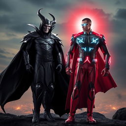 A suspenseful confrontation between a villain dressed in dark, menacing attire and the hero of the world, who stands confidently in vibrant, heroic garb