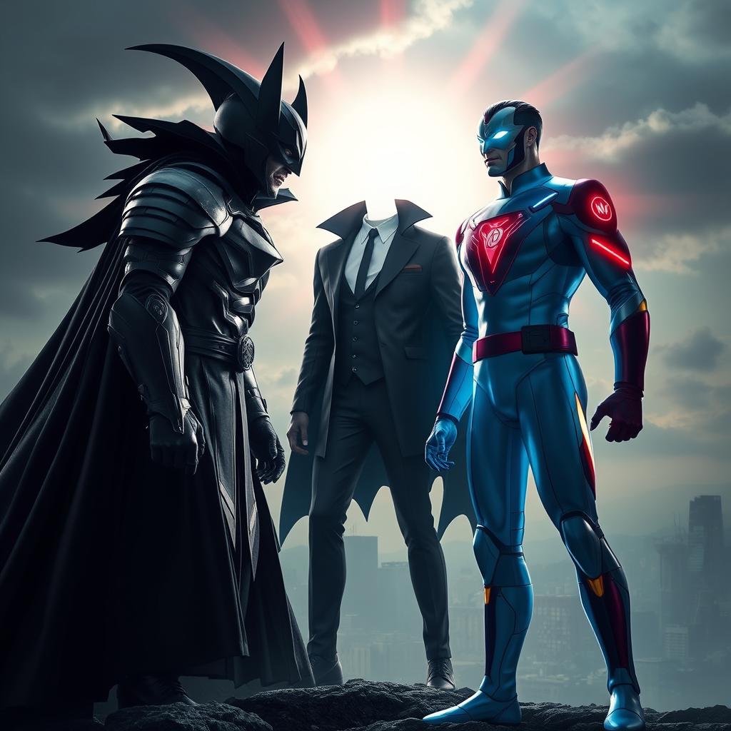 A suspenseful confrontation between a villain dressed in dark, menacing attire and the hero of the world, who stands confidently in vibrant, heroic garb