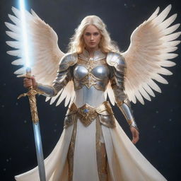 A celestial Aasimar character radiating gentle light, with angelic features, adorned in ethereal armor. Their eyes glowing with divine wisdom, they hold a radiant sword in their hand.