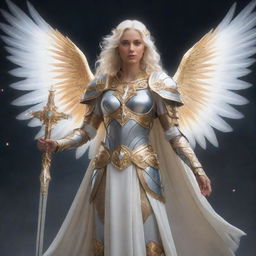 A celestial Aasimar character radiating gentle light, with angelic features, adorned in ethereal armor. Their eyes glowing with divine wisdom, they hold a radiant sword in their hand.