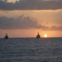 A sunset over turbulent waters of the West Philippine Sea, with silhouettes of naval ships in the background, signifying tension.