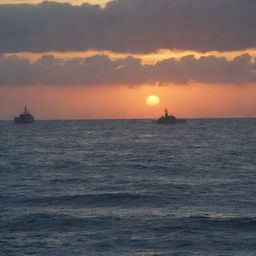 A sunset over turbulent waters of the West Philippine Sea, with silhouettes of naval ships in the background, signifying tension.