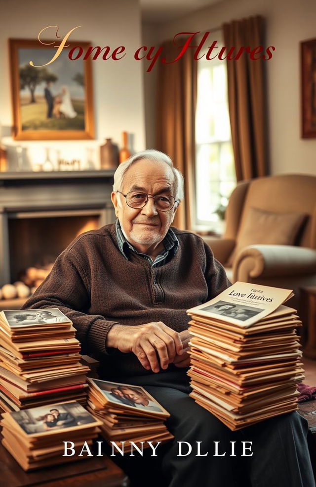 A contemporary romantic book cover featuring an elderly grandfather sitting in a cozy, warmly lit living room, surrounded by stacks of old love letters and photographs