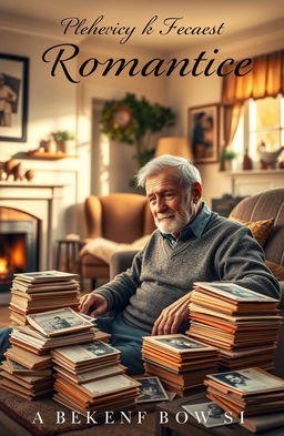 A contemporary romantic book cover featuring an elderly grandfather sitting in a cozy, warmly lit living room, surrounded by stacks of old love letters and photographs