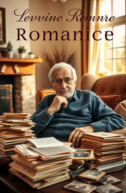 A contemporary romantic book cover featuring an elderly grandfather sitting in a cozy, warmly lit living room, surrounded by stacks of old love letters and photographs