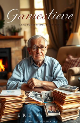 A contemporary romantic book cover featuring an elderly grandfather sitting in a cozy, warmly lit living room, surrounded by stacks of old love letters and photographs