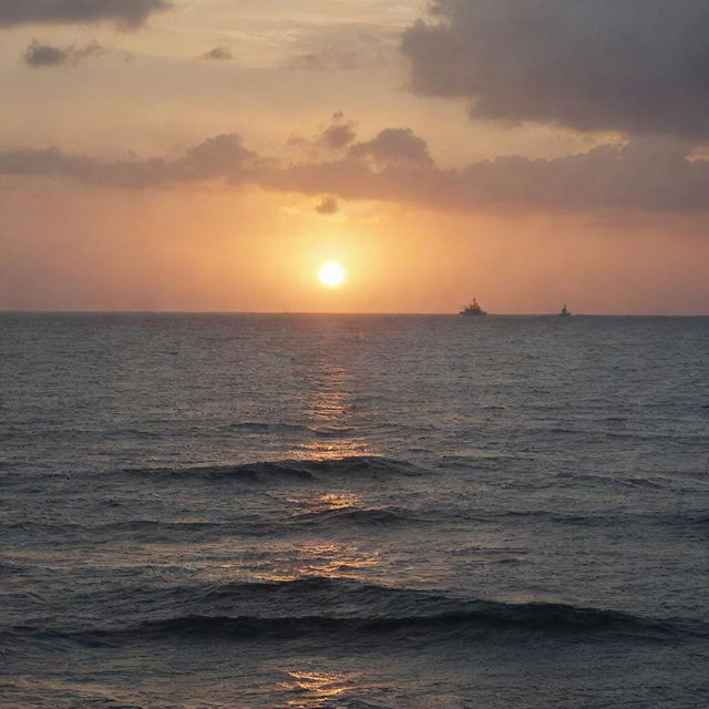 A sunset over turbulent waters of the West Philippine Sea, with silhouettes of naval ships in the background, signifying tension.