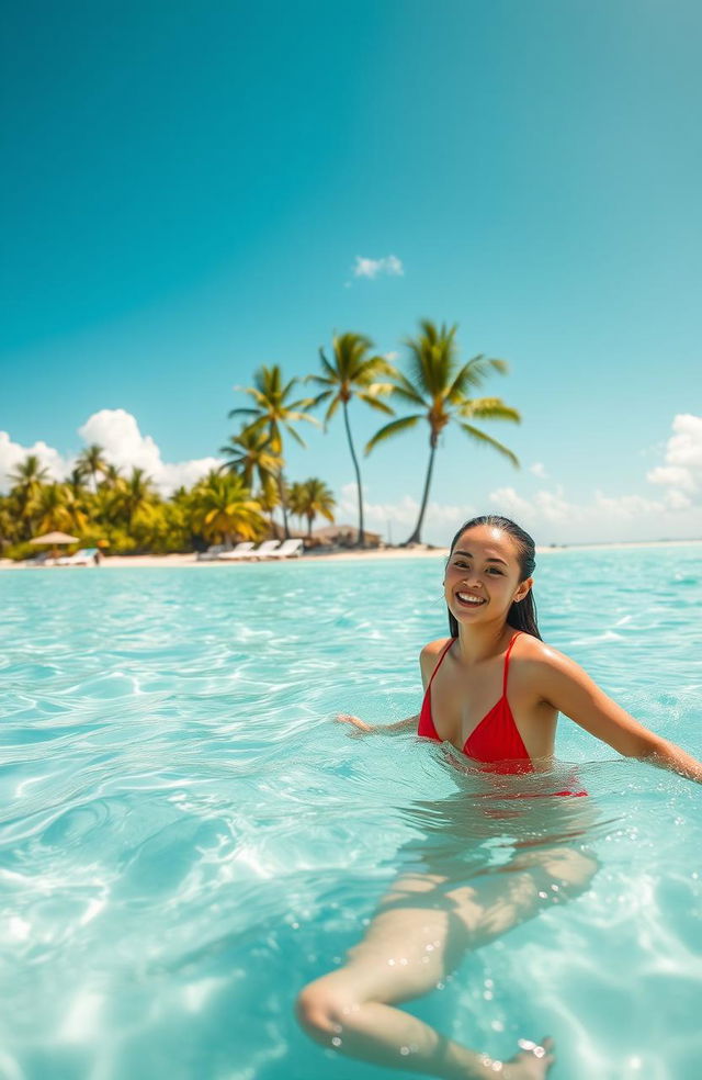 A serene scene of a beautiful tropical beach with clear turquoise waters