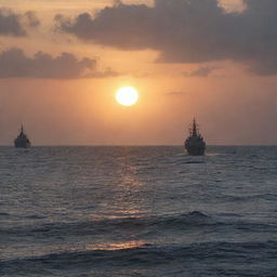 A sunset over turbulent waters of the West Philippine Sea, with silhouettes of naval ships in the background, signifying tension.