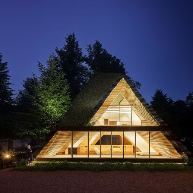 Two-story house crafted from blocks, the second floor designed pricier with a glass balcony. The house, triangular in shape, has soft coloured lights illuminating from within.