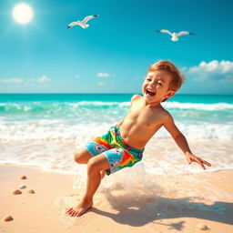 A vibrant depiction of a young boy joyfully playing at the beach, embodying the spirit of freedom and adventure