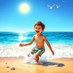 A vibrant depiction of a young boy joyfully playing at the beach, embodying the spirit of freedom and adventure