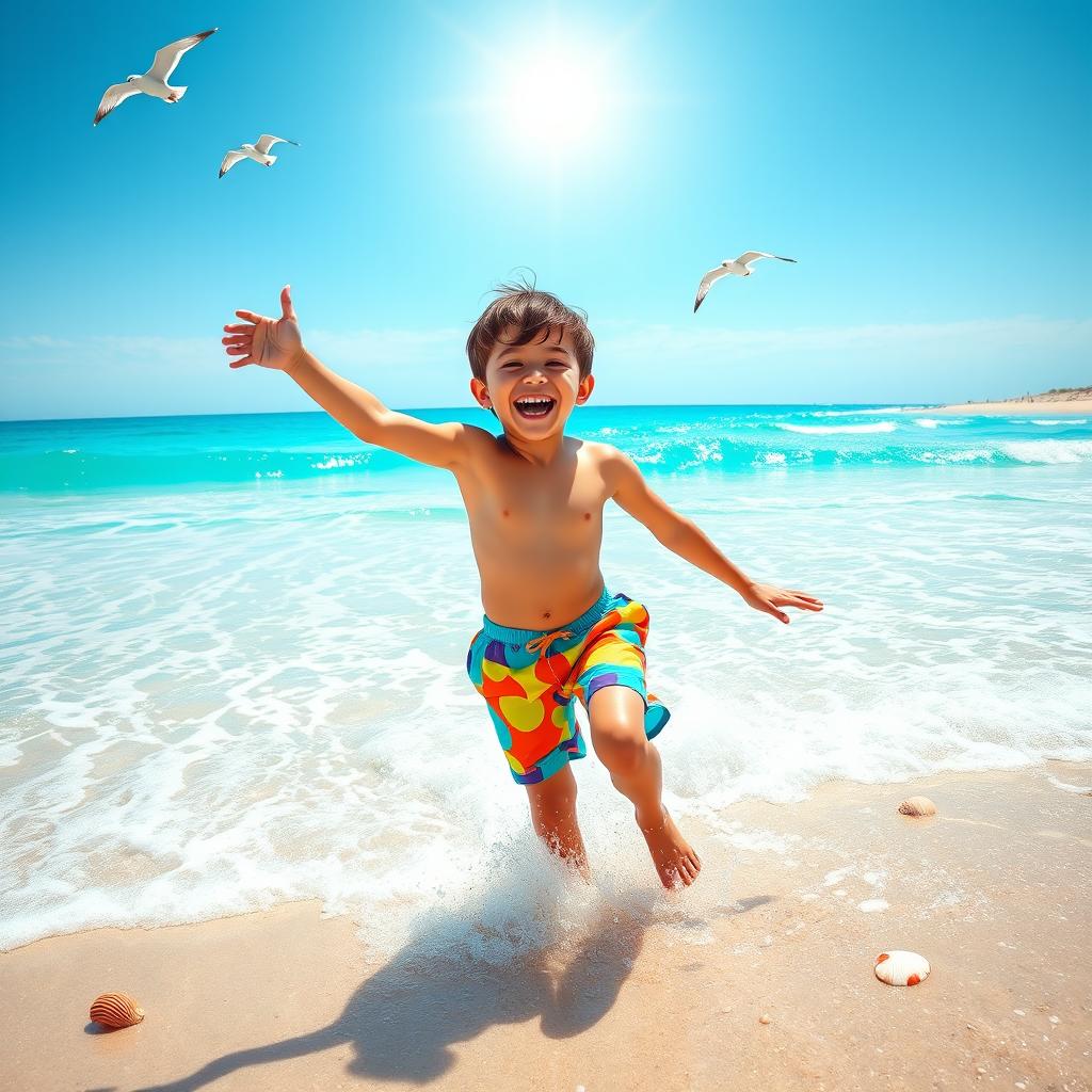 A vibrant depiction of a young boy joyfully playing at the beach, embodying the spirit of freedom and adventure