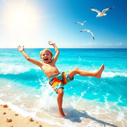 A vibrant depiction of a young boy joyfully playing at the beach, embodying the spirit of freedom and adventure