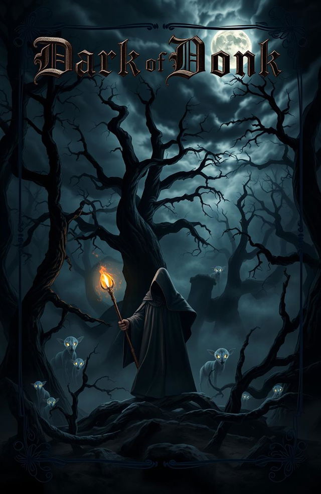 A captivating dark fantasy book cover featuring a mysterious, shadowy forest shrouded in mist, with towering ancient trees and gnarled branches reaching out