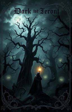 A captivating dark fantasy book cover featuring a mysterious, shadowy forest shrouded in mist, with towering ancient trees and gnarled branches reaching out