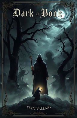 A captivating dark fantasy book cover featuring a mysterious, shadowy forest shrouded in mist, with towering ancient trees and gnarled branches reaching out