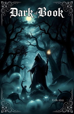 A captivating dark fantasy book cover featuring a mysterious, shadowy forest shrouded in mist, with towering ancient trees and gnarled branches reaching out