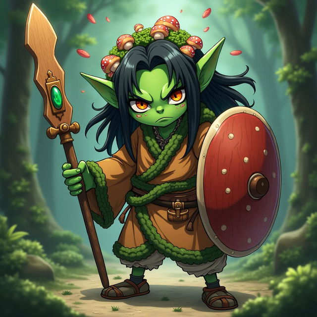 An anime character inspired by the style of Attack on Titan, featuring a menacing green-skinned goblin with long black hair adorned with mushrooms, spores, and moss