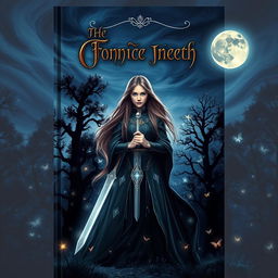 A striking dark fantasy book cover aimed at a female audience, featuring a mysterious enchanted forest filled with ethereal lights and shadowy silhouettes of towering, ancient trees