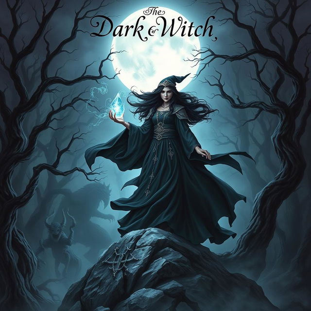 An enchanting dark fantasy book cover centered around a powerful witch, set in a mysterious, moonlit forest