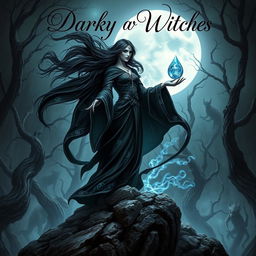 An enchanting dark fantasy book cover centered around a powerful witch, set in a mysterious, moonlit forest